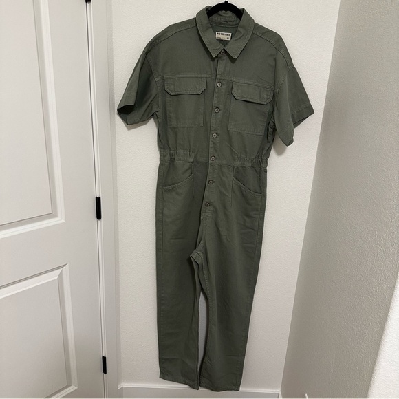 Free People Marci Denim Jumpsuit Collared Short Sleeves Sage Green Size XL Women - Picture 10 of 12